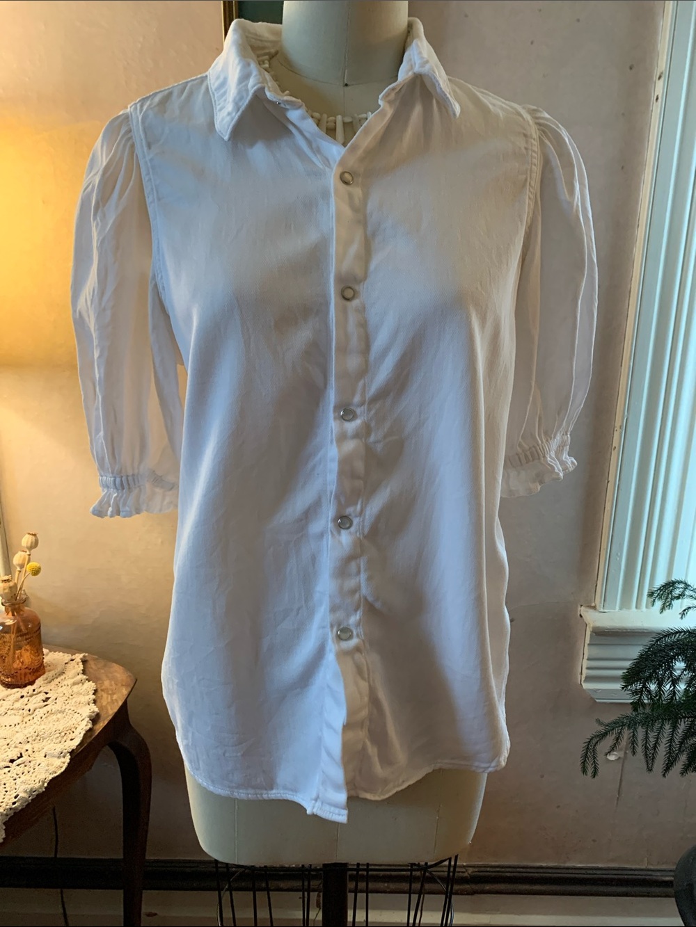 ba&sh White Short Puff Sleeve Button-Down Shirt